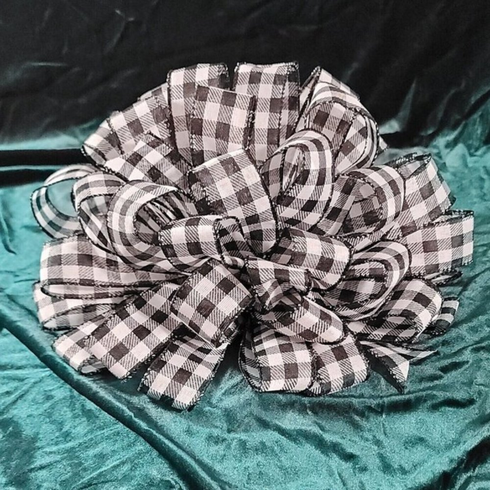 Christmas Tree Bow Topper, Black White Buffalo Plaid Bow Topper, 44 Loop Bow 2
